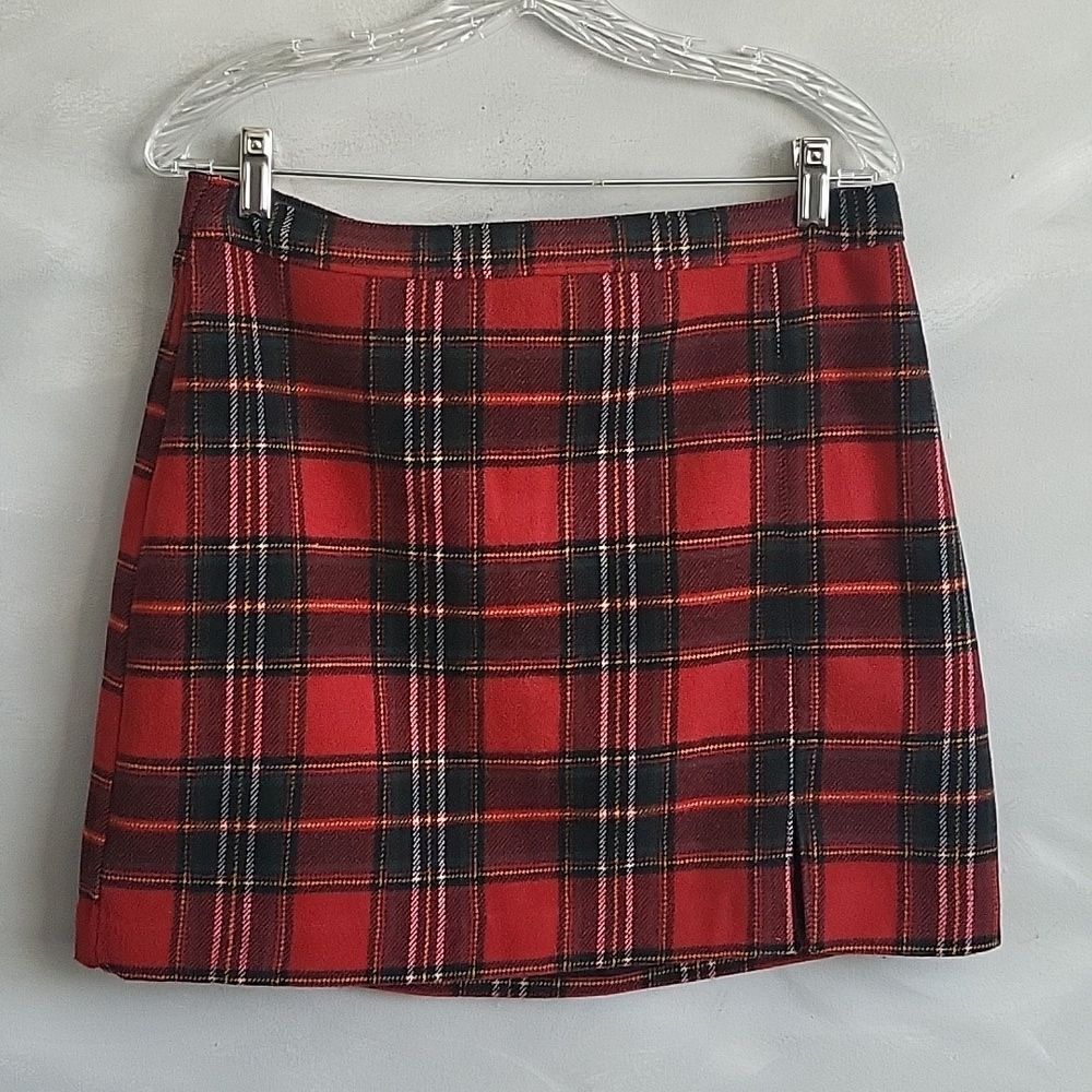 Hollister Women's Mini Skirt Red Checkered Short Ultra High-Rise Wool Blend L